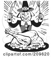Royalty Free RF Clipart Illustration Of A Retro Black And White Hungry Pilgrim Eating Turkey by BestVector
