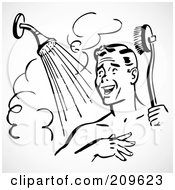 Royalty Free RF Clipart Illustration Of A Retro Black And White Man Singing And Scrubbing Up In A Shower