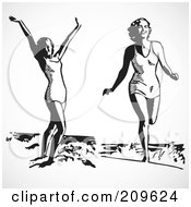 Royalty Free RF Clipart Illustration Of A Digital Collage Of Retro Black And White Women In The Surf At The Beach by BestVector