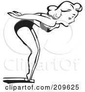 Royalty Free RF Clipart Illustration Of A Retro Black And White Woman At The Edge Of A Diving Board by BestVector