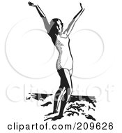 Poster, Art Print Of Retro Black And White Woman Standing In The Ocean Surf With Her Arms Up
