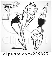 Royalty Free RF Clipart Illustration Of A Digital Collage Of Retro Black And White Women In Bathing Suits