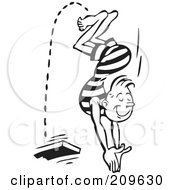 Royalty Free RF Clipart Illustration Of A Retro Black And White Man Jumping Off Of A Diving Board