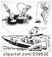 Royalty Free RF Clipart Illustration Of A Digital Collage Of Retro Black And White Men And A Woman Swimming Fishing And Boating by BestVector