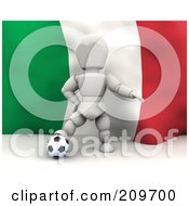 Poster, Art Print Of 3d White Character Resting His Foot On A Soccer Ball In Front Of An Italian Flag