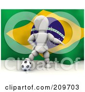 Poster, Art Print Of 3d White Character Resting His Foot On A Soccer Ball In Front Of A Brazilian Flag