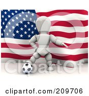 Poster, Art Print Of 3d White Character Resting His Foot On A Soccer Ball In Front Of An American Flag