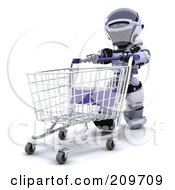 3d Silver Robot Pushing An Empty Cart