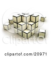 Clipart Illustration Of A Strategic Puzzle Cube With Pieces Scattered