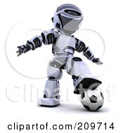 Royalty Free RF Clipart Illustration Of A 3d Silver Robot Resting His Foot On A Soccer Ball