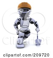 Royalty Free RF Clipart Illustration Of A 3d Silver Robot Wearing A Hard Hat And Leaning On A Shovel