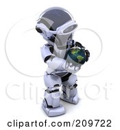 Poster, Art Print Of 3d Silver Robot Holding And Looking Down At A Globe