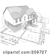 Poster, Art Print Of Pencil Sketch Of A Home On Blueprints