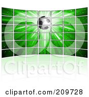 Poster, Art Print Of Wall Of Tv Screens Displaying A Soccer Ball On A Green Burst