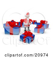 Clipart Illustration Of Santa Standing In A Circle Of Christmas Gifts With Red Ribbons And Bows