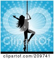 Poster, Art Print Of Sexy Silhouetted Pole Dancer Over A Blue Halftone Background