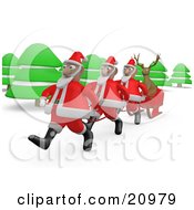 Reindeer Riding In A Sleigh Traveling Through The Forest And Being Pulled By Santas