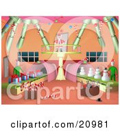 Clipart Illustration Of Santa Standing On A Balcony Watching Elves Work On Production Lines by 3poD