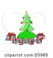 Clipart Illustration Of A Decorated Christmas Tree With A Star And Red Ornaments Over Wrapped Presents