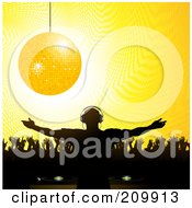 Poster, Art Print Of Golden Disco Ball Suspended Over A Silhouetted Crowd And Party Dj