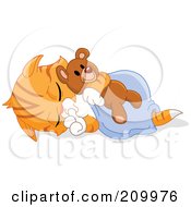 Poster, Art Print Of Cute Orange Kitten Sucking His Thumb And Sleeping With A Teddy Bear