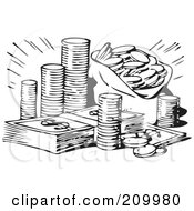 Poster, Art Print Of Retro Black And White Stash Of Coins And Cash