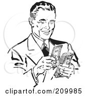 Royalty Free RF Clipart Illustration Of A Retro Black And White Businessman Counting His Cash by BestVector #COLLC209985-0144
