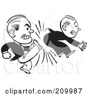 Poster, Art Print Of Retro Black And White Businessman Kicking Another In The Butt