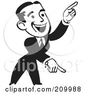 Retro Black And White Businessman Pointing Down And Up