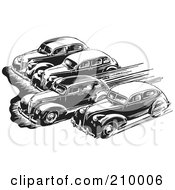 Royalty-Free Rf Clipart Illustration Of Retro Black And White Cars Taking Off In A Race