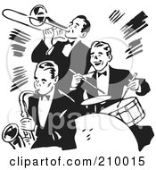 Retro Black And White Band Of Three Gentlemen Playing A Trumpet Saxophone And Drums