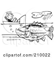 Poster, Art Print Of Retro Black And White Man Sitting In A Boat And Catching A Giant Fish