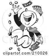Royalty Free RF Clipart Illustration Of A Retro Black And White Happy Man Throwing Money