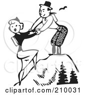 Retro Black And White Couple Hiking To The Top Of A Mountain