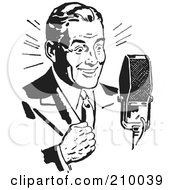 Poster, Art Print Of Retro Black And White Man Speaking Into A Microphone