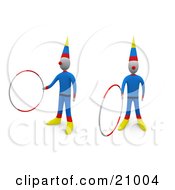 Two Entertaining Circus Clowns Doing Tricks With Hoops