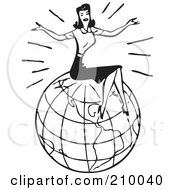 Poster, Art Print Of Retro Black And White Woman Sitting On Top Of A Globe