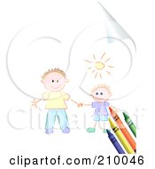 Poster, Art Print Of Crayons And Sketched Kids On A Turning Page