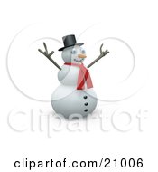 Clipart Illustration Of A Happy Snowman In A Red Scarf Holding His Arms Up In The Wind