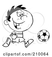 Royalty Free RF Clipart Illustration Of A Coloring Page Outline Of A Cartoon Soccer Player Boy Running After A Ball