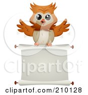 Poster, Art Print Of Cute Owl Flying With A Blank Scroll Sign