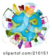 Royalty Free RF Clipart Illustration Of An Aerial View Of An Urban Globe With A Bridge And Boat