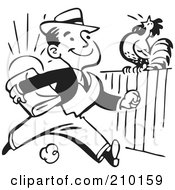 Poster, Art Print Of Retro Black And White Businessman Passing A Rooster On A Fence