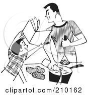 Royalty Free RF Clipart Illustration Of A Retro Black And White Boy Showing A Book To His Cooking Father
