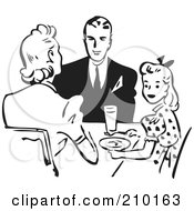 Royalty Free RF Clipart Illustration Of A Retro Black And White Family Eating At A Table