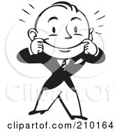 Retro Black And White Businessman Stretching His Mouth Into A Smile