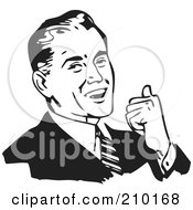 Royalty Free RF Clipart Illustration Of A Retro Black And White Businessman Smiling Leaning Back And Gesturing With His Thumb