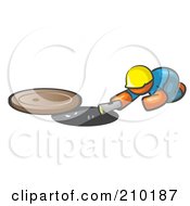 Poster, Art Print Of Orange Man Design Mascot Sewer Worker Shining A Flashlight Down A Man Hole