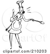 Retro Black And White Woman In An Apron And Hat Holding A Spoon