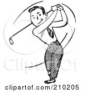 Royalty Free RF Clipart Illustration Of A Retro Black And White Man Swinging A Golf Club